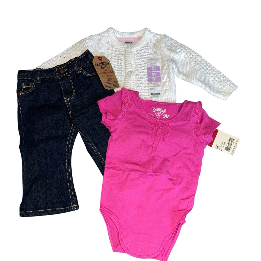 NWT Osh Kosh White Cardigan Pink Body Suit Blue Bootcut Jeans Bundle Size 9month